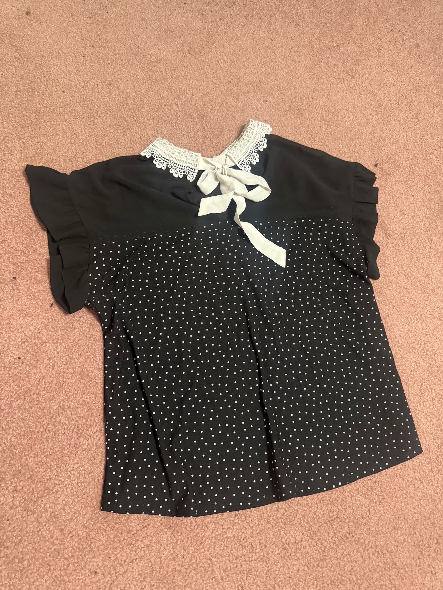 Xl black polka dot lace collar bow tie retro 80s top blouse shirt