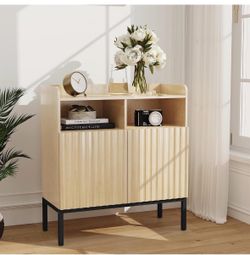 P413-Fluted Sideboard Cabinet with Storage, Rustic Industrial Buffet Cabinet with Adjustable Shelves, Credenza for Kitchen Dining Living Room Entryway