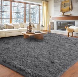 8x10 Ft Dark Gray Plush Soft & Fluffy Area Rug w/Non-Slip, Washable Shag Shaggy Carpet