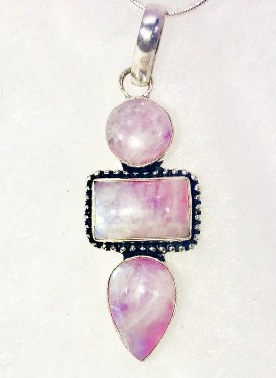 Natural Pink Rainbow Moonstones & .925 Stamped Sterling Silver Necklace NEW!