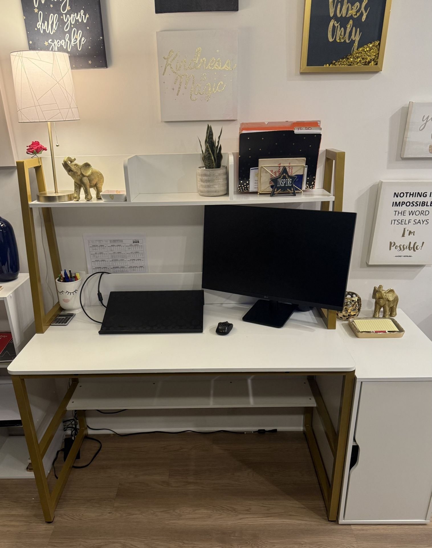 White and Gold Desk and Storage Cabinet 