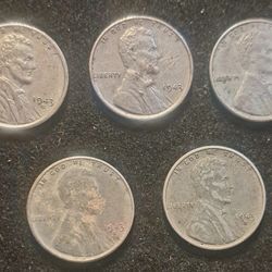 5 1943 Wheat Steel Wartime Pennies