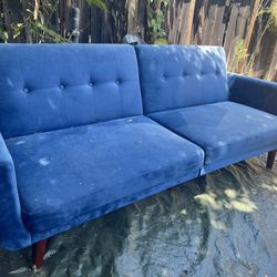 Blue Couch With Wooden Legs (recliner)