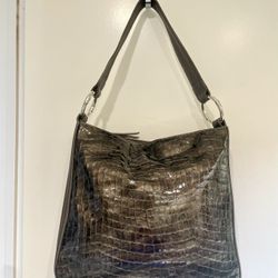 Brighton Cher Pewter Croc-Embossed Italian Leather Handbag 