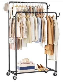 Clothes Rack, Rolling Clothing Rack with Double Rods for Hanging Clothes, Portable Garment Rack with Wheels, Metal Wardrobe Closet Organizer for Bedro