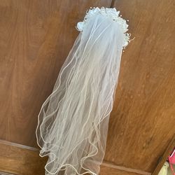 Girls Veil 1st Communion Flower Girl Holidays Veil Beautiful Dress Up White Flowers Beads 