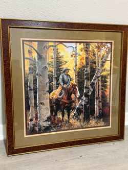 Home interiors Vintage Jack Sorenson Cowboy on Horse Amongst Birch Trees Art Print- Framed Art