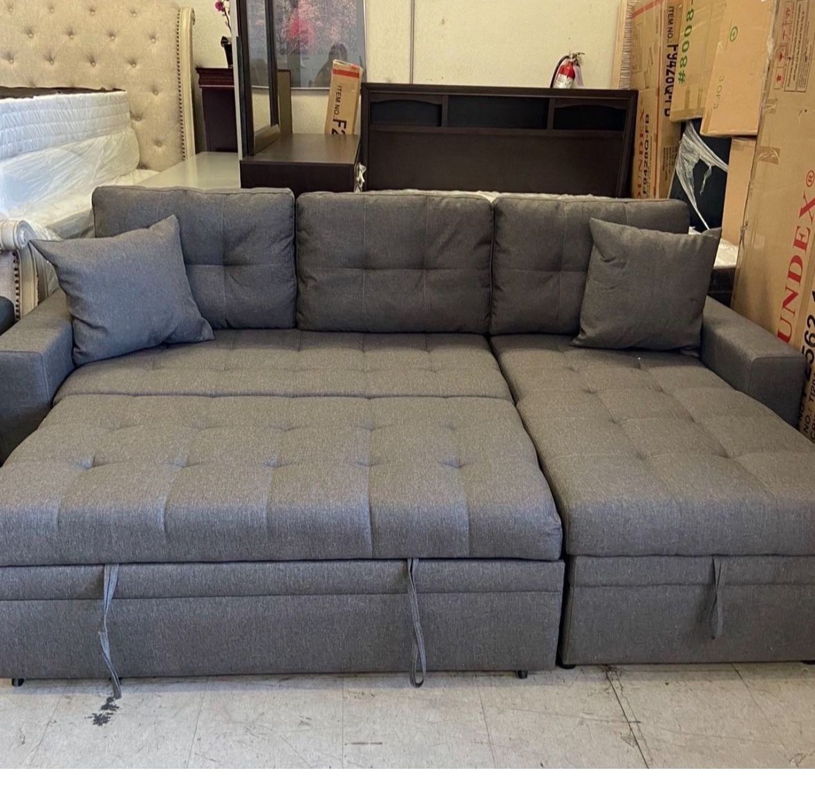 Sectional Sofa Pullout Bed W/Chaise Storage Fabric Reversible 88”x57”X33”H
