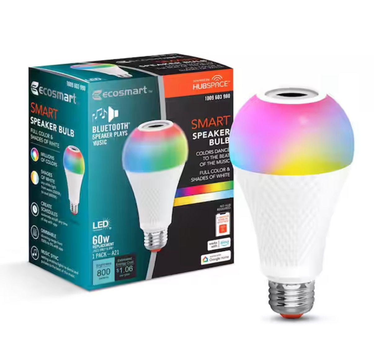 EcoSmart 60-Watt Equivalent Smart A21 Bluetooth Speaker Color Selectable RGBW E26 Medium Base LED Light Bulb Powered by Hubspace