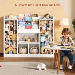 2-In-1 Toy Storage Organizer, 4-Tier Stuffed Animal Storage With Bookshelf, Kids Toy Storage Shlef With 3 Open Cube With Rounded Corners, Bookshelf Fo