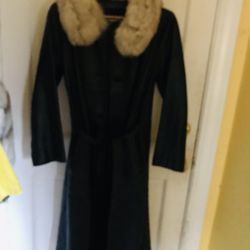 Leather coat with real fur collar
