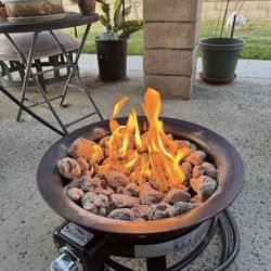 Outdoor Gas Fire Pit with Volcanic Stone, Enamel Bowl, Auto Ignition, Stainless Steel Burner