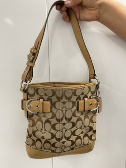 COACH Signature Leather Trim Jacquard 3577 Shoulder Handbag Purse Tan