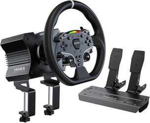 ► MOZA R5 All-in-One PC Gaming Racing Simulator: 5.5Nm Direct Drive Wheel Base, 11-inch Racing Wheel, Anti-Slip Pedals and a Desk Clamp, Cloud-based A