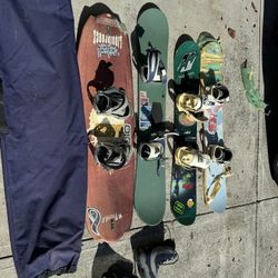 3 burton snowboards with bindings, 1 snowboard bag, wakeboard with bindings. Buyer to take all items. 
