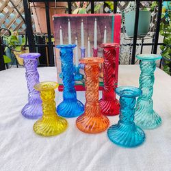 2002 May Department Stores Glass Candle Stick Holder Set Of 7 Various Colors
