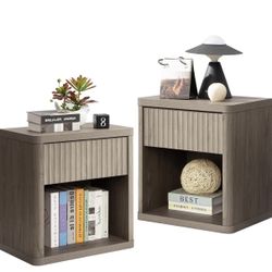 Night Stand Set of 2 Nightstands with Drawer Storage Fluted Bed Side Table End Table Large Modern Wide Bedside Stand Mid Century Night Stands for Bedr