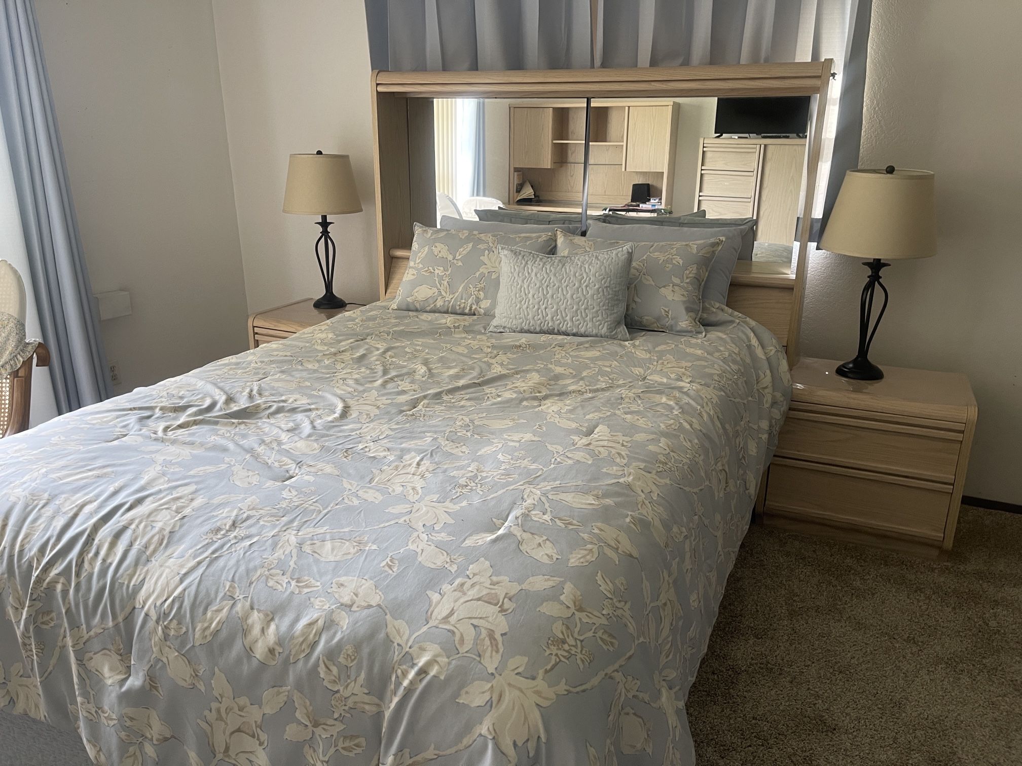 Bedroom set with dresser and desk and two attached nightstands