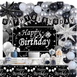 Silver and Black Birthday Decorations for Men Women Boys Girls 80 PCS White Black and Silver Party Decorations Happy Birthday Backdrop Banner Confetti