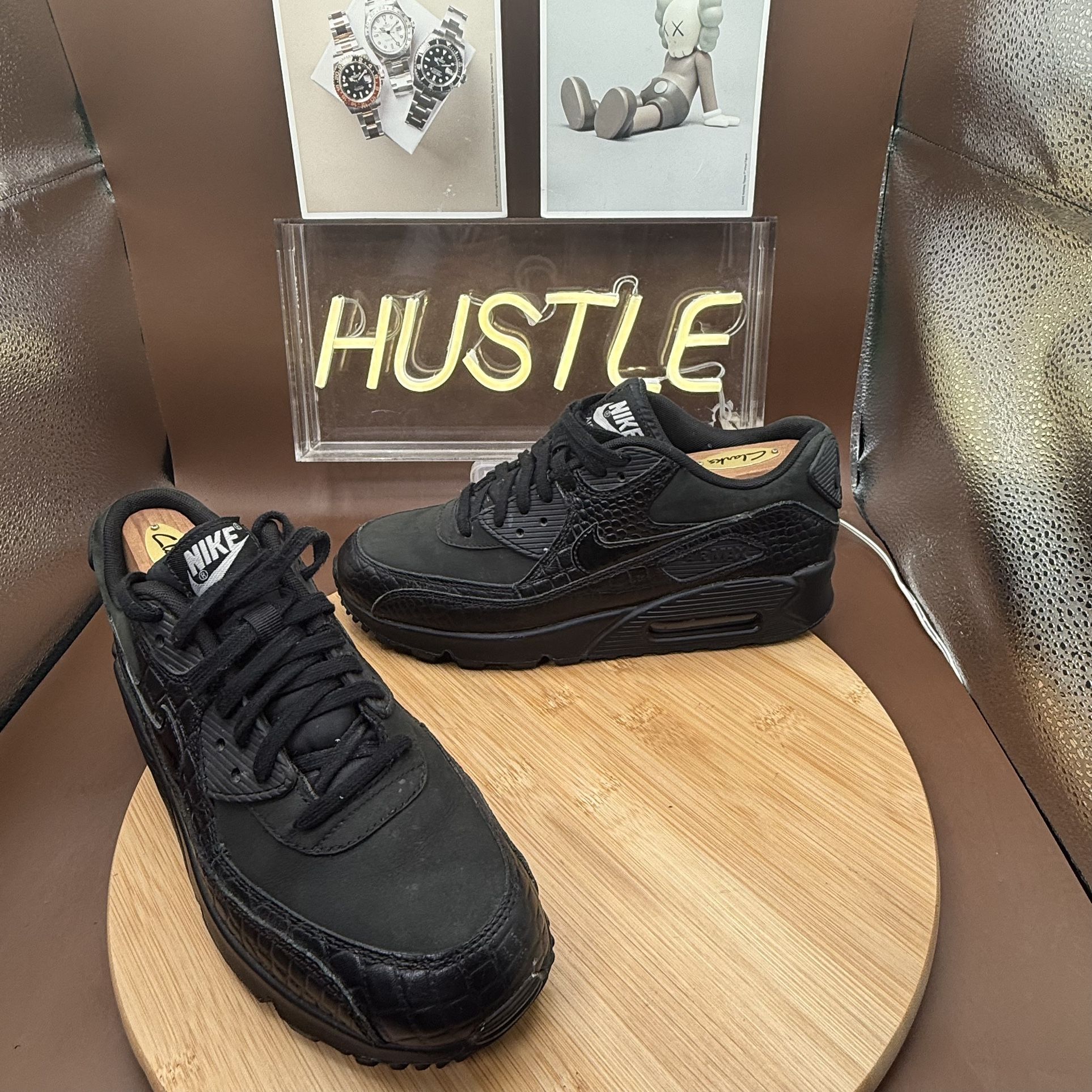 NikeAir Max 90 Premium Black Reptile Snakeskin Leather Suede Sneakers Sz 8.5