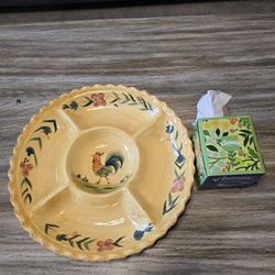 Ceramic Dip And Chips Plater With Rooster Design