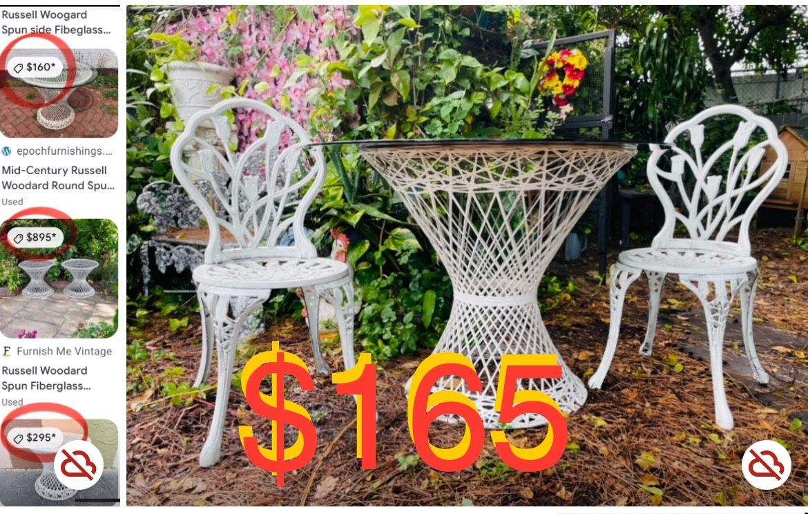 $165 Bistro Set of Mid century Table Russel Woodard and 2 cast aluminum Tulip π· chairs both