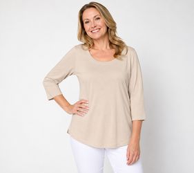 Belle by Kim Gravel TripleLuxe Knit Scoop Neck 3/4 Sleeve Top Beige, Medium