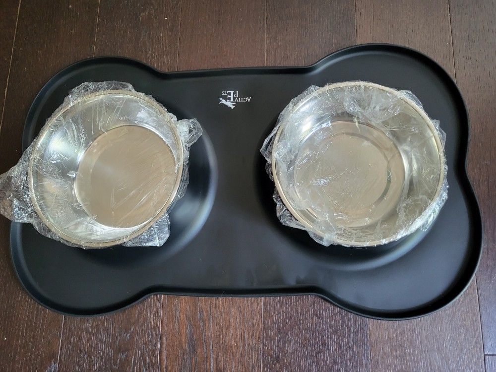 Active Pets Dog Bowl Set, Stainless Steel No Spill Mess- Proof Food & Water Dog Food Bowls with Skid Resistant Silicone Mat, Dog Bowls Large Dog.