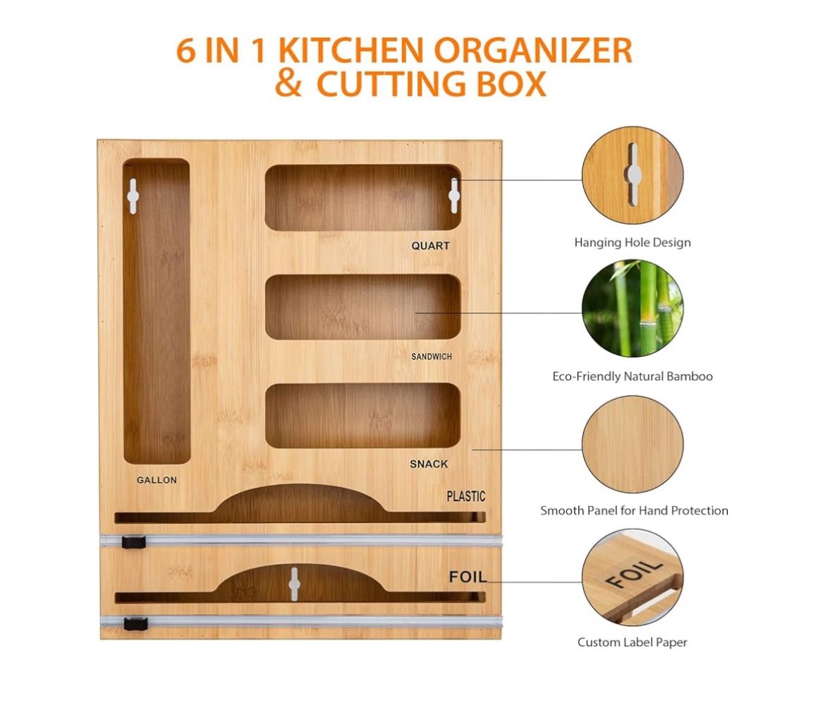 Jitner Bamboo Food Bag Organizer with Cutter 6-in-1 NEW!! NWT