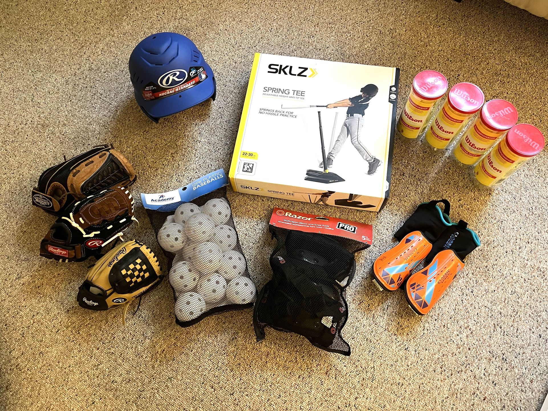 Barely used or new sport support: pads, shinguard, tennis ball, baseball, spring tee, helmet, gloves