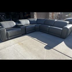 Costco Karson 6 Piece Leather Power Reclining Sectional Couch - Power Headrests - Gray