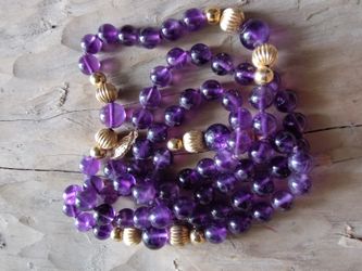 Gorgeous French Knotted Amethyst, Gold Beads And Clasp Necklace 