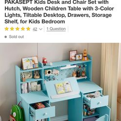 PAKASEPT Kids Desk and Chair Set with Hutch, Wooden Children Table with 3-Color Lights, Tiltable Desktop, Drawers, Storage Shelf, for Kids Bedroom