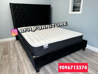 Cal King Black Chanelle Wingback Platform Bed w. Orthopedic Mattress Included