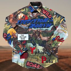 POLO RALPH LAUREN CLASSIC FIT AMERICAN WEST EXPEDITION PRINT BUTTON UP WORKSHIRT FLANNEL MENS SIZE MEDIUM BROWN RED BLUE NEW