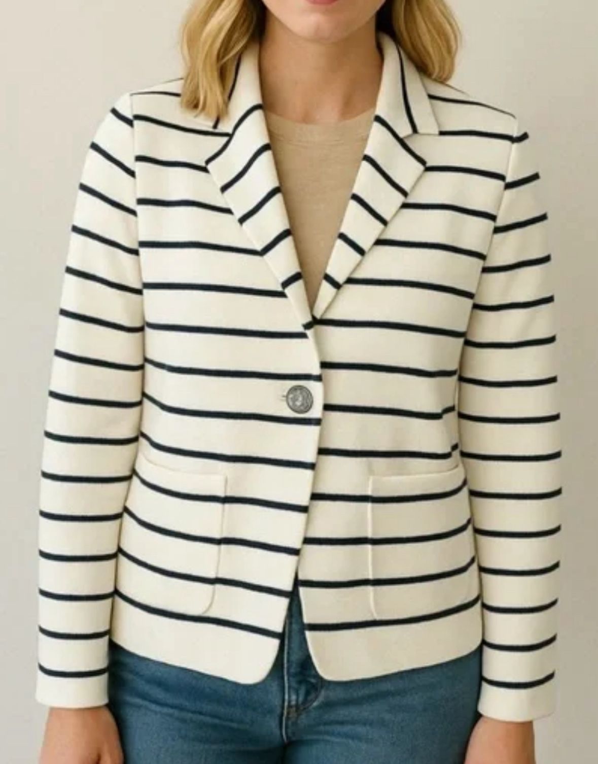Talbots Blazer Women's Large Cardigan Jacket Striped Long Sleeve Cream Navy 2XP
