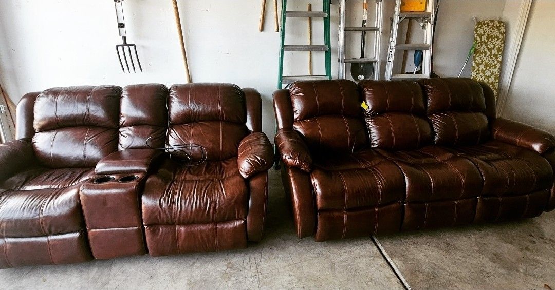 Ashley Dual Power Recliner Sofa & Loveseat Set - Brown Leather