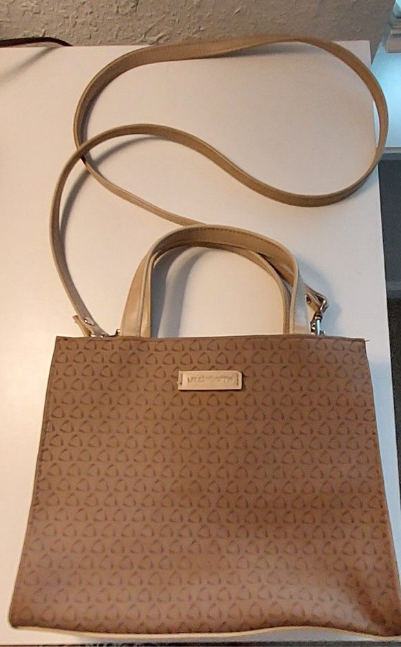 Liz Claiborne Brown Tan Vinyl Crossbody Small Tote Bag Purse Handbag Triangles