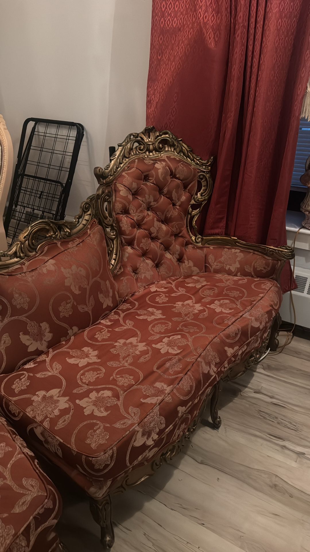 Victorian Tufted Loveseat – Deep Red with Gold Carving