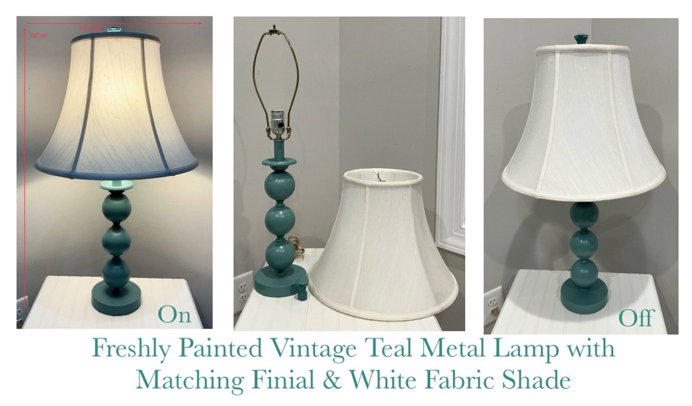 Freshly Painted Vintage Teal Metal Lamp with Matching Finial & White Fabric Shade