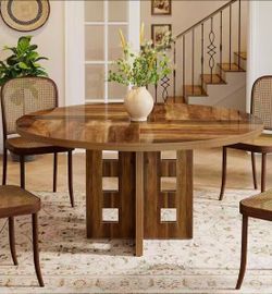 LD0026 Round Dining Table, 47-Inch Farmhouse Wood Kitchen Table with Sturdy Pedestal Base