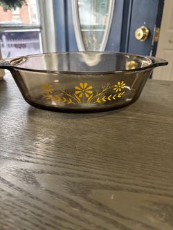 Vintage Smoky Glass Casserole Dish with Floral Design