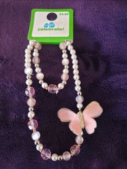 Beaded Girls Necklace and bracelet Set featuring pink beads, faux pearls, and a  pink butterfly