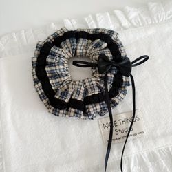 Black ribbon with white brown plaid pattern scrunchie/hair tie