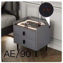 Modern Nightstand with Adjustable LED Lights Wireless Charging Station USB Charging End Side Table with 2 Drawers for Bedroom Gray One Size