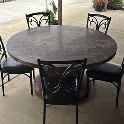 Round Brown Marble Dining Room Table & 6 Chairs
