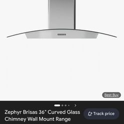 Curved Class Chimney Wal Range Hood Size: 36" Color: Stainlesst Glass Weight: 78lbs/35.46kgs Serial # 1170017BKB