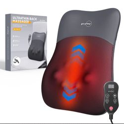 PRYFEY HEATED BACK MASSAGER MODEL BKYB-01.  DIMENSIONS 17X2 X 20 INCHES