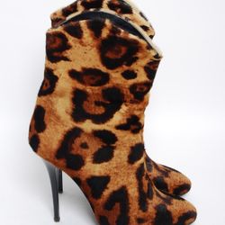 GIUSEPPE ZANOTTI WOMEN BROWN ANKLE BOOTS FUR LEOPARD PRINT HEELS BOOTIES