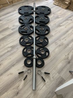 Weight Plates Rubber Coated Set 245 Lbs Plus Olympic Barbell With Metal Collars All Brand New pesas